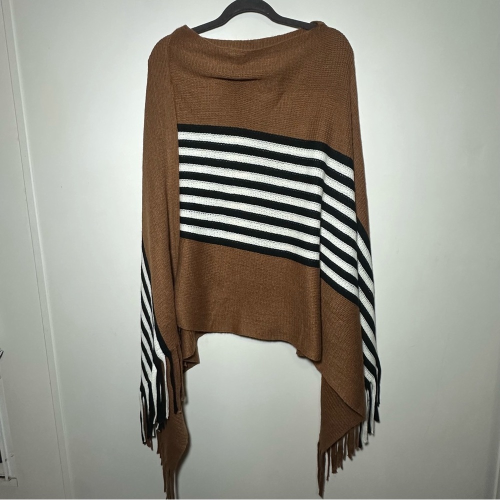 Ana & Rose One Size Plus Brown with Black and White Stripe Poncho Sweater Fringe - Picture 2 of 4